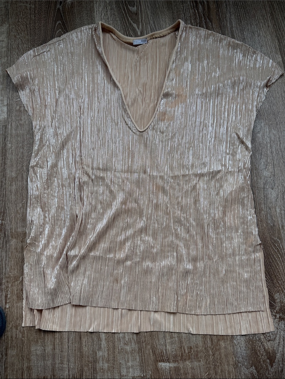 Zara Metallic Pleated V-Neck Tunic in Champagne Beige